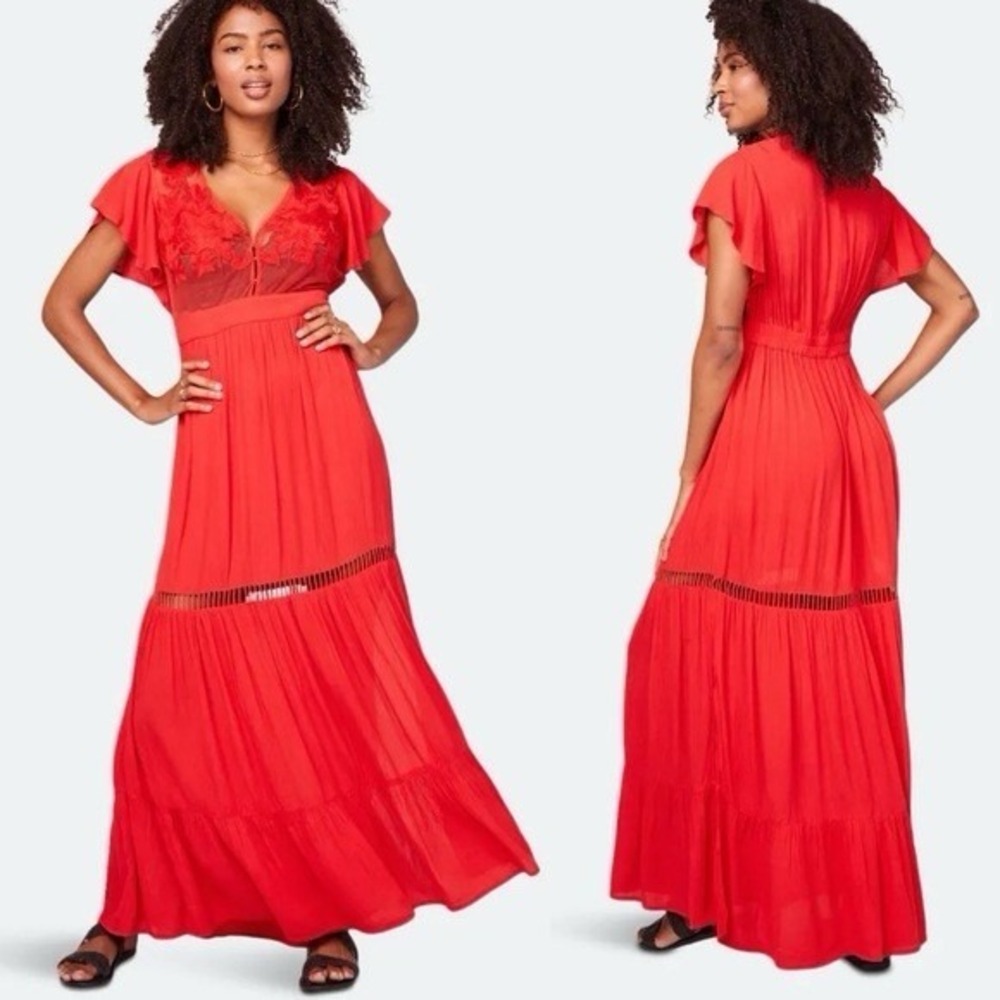 B O G Collective/Band of Gypsies Red Maxi Dress Medium Sheer Embroidered Floral